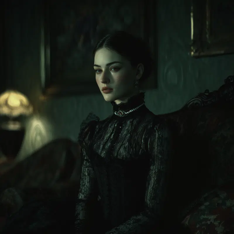 Elegant dark Victorian style portrait of a young woman in lace dress
