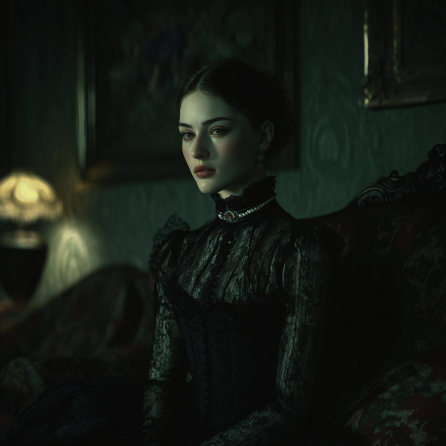 A woman with pale skin and dark hair styled back sits on an ornate sofa wearing a high-neck black lace dress and pearl necklace in a dimly lit vintage room with a lamp and framed artwork in the background.