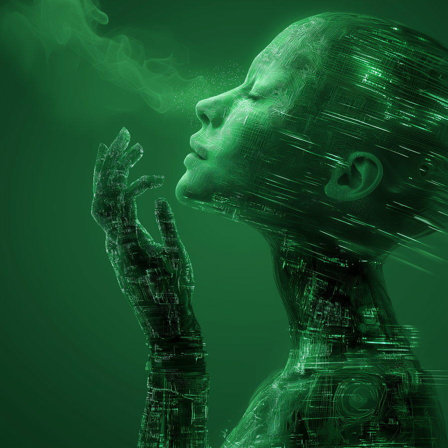 Profile view of a humanoid figure with translucent skin showing glowing green circuitry, smoke gently rising from the nose, set against a dark green background