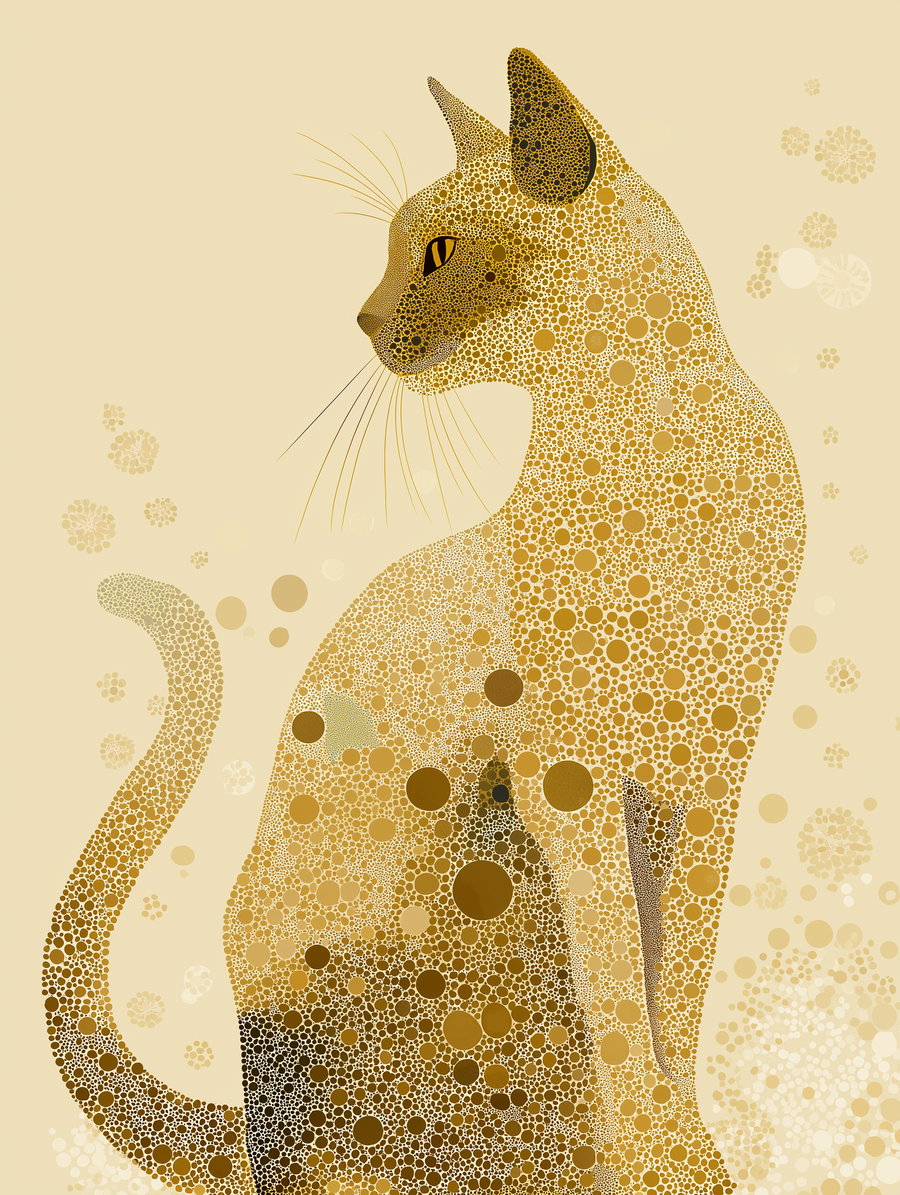 Abstract digital artwork of a cat sitting in profile, created using various sizes of circles and dots in shades of brown and gold on a light beige background