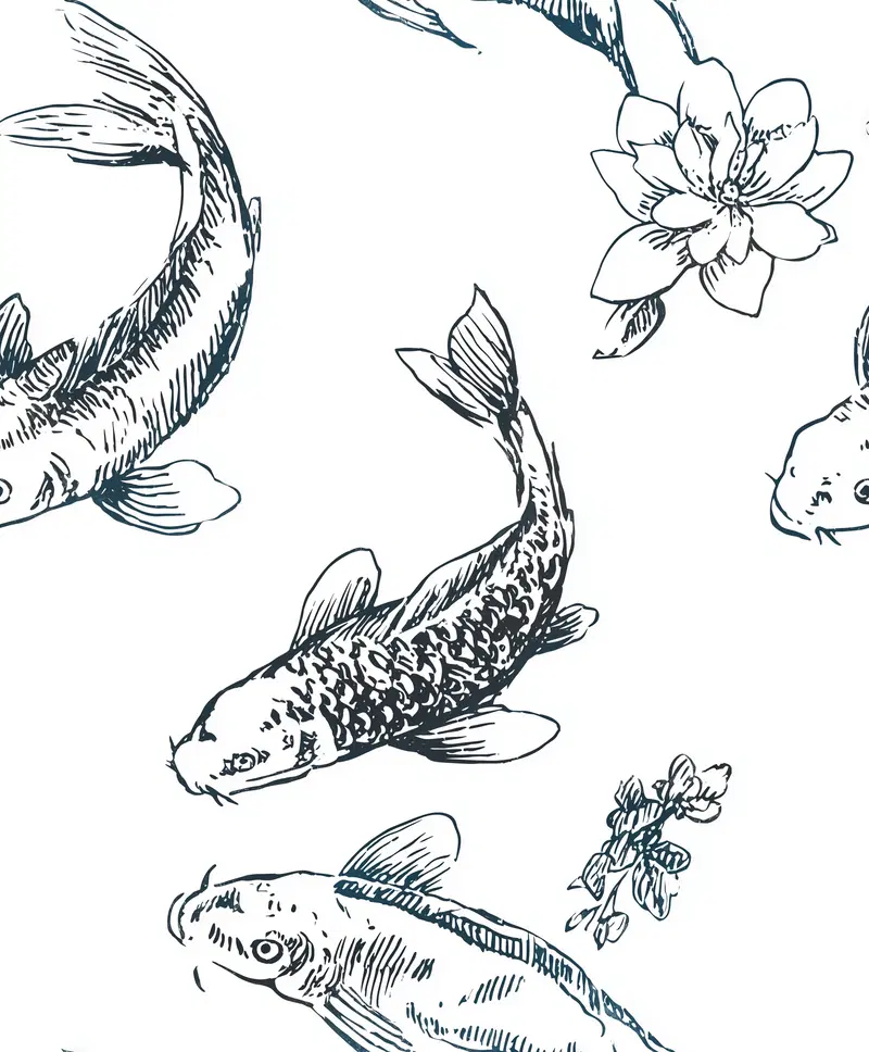 Black and white illustration of koi fish with floral details