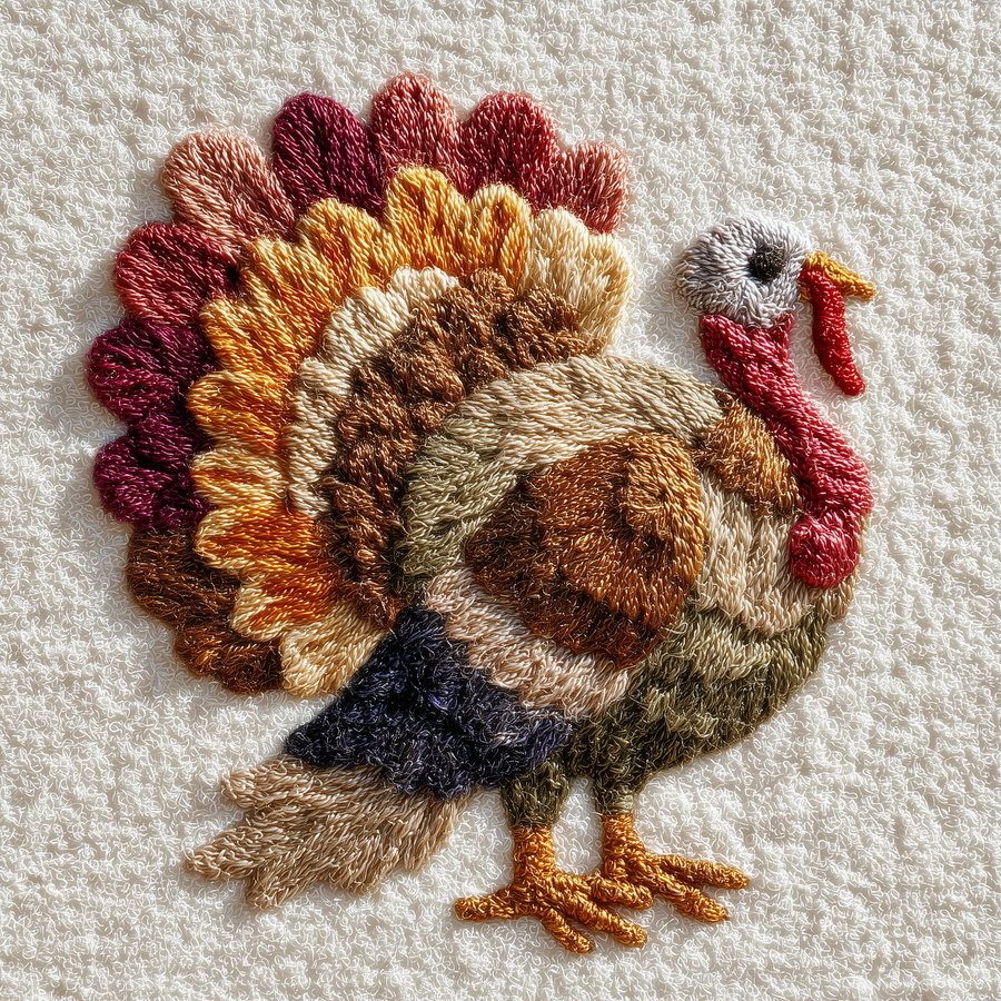 A hand embroidered turkey with colorful feathers in shades of purple, orange, brown, and beige stitched on a white textured fabric background.