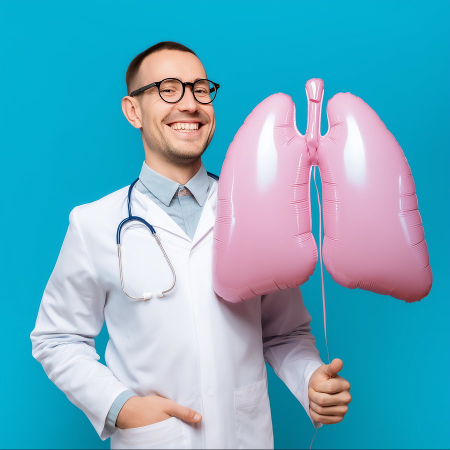 Portrait of a smiling man wearing glasses and a white doctor's coat with a stethoscope, holding a pink lung-shaped balloon against a blue background
