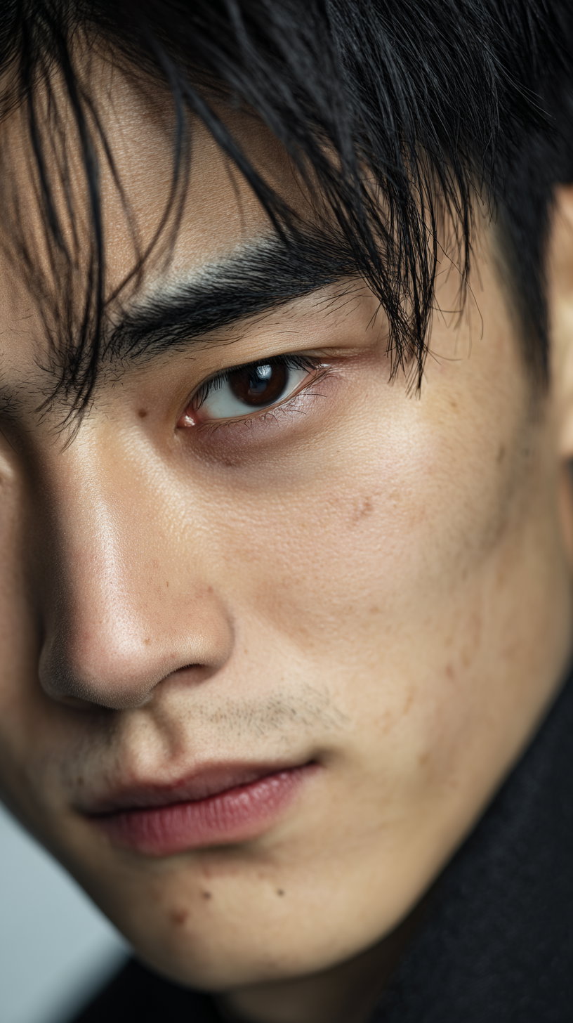 A close-up image focusing on a young man's face showing detailed skin texture, dark hair partially covering his forehead, brown eyes, and slight facial hair.