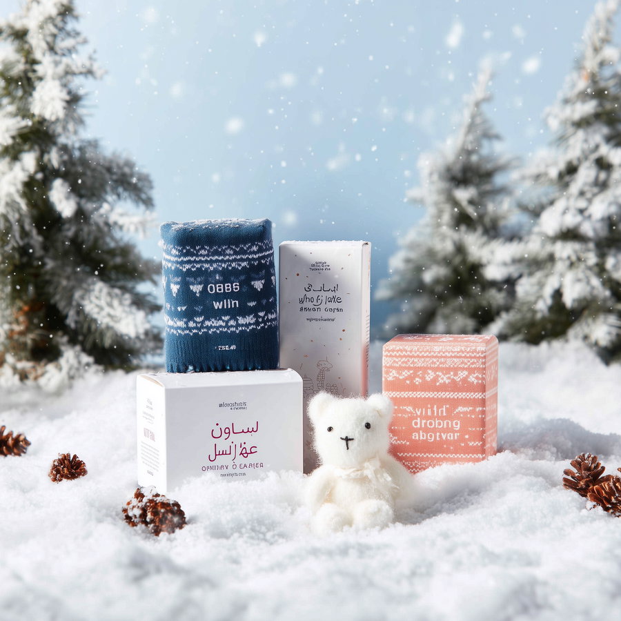 Four gift boxes wrapped in patterned paper and a small white teddy bear placed on artificial snow with pine cones and snow-covered pine trees in the background