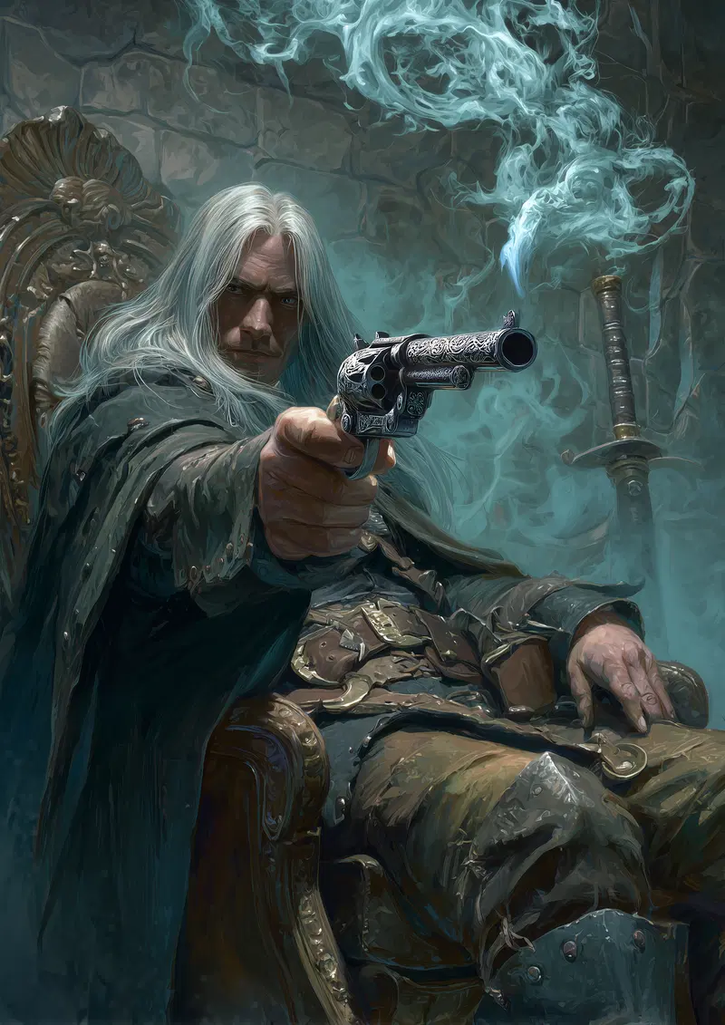 Detailed fantasy character with long white hair aiming an ornate pistol in a dark setting