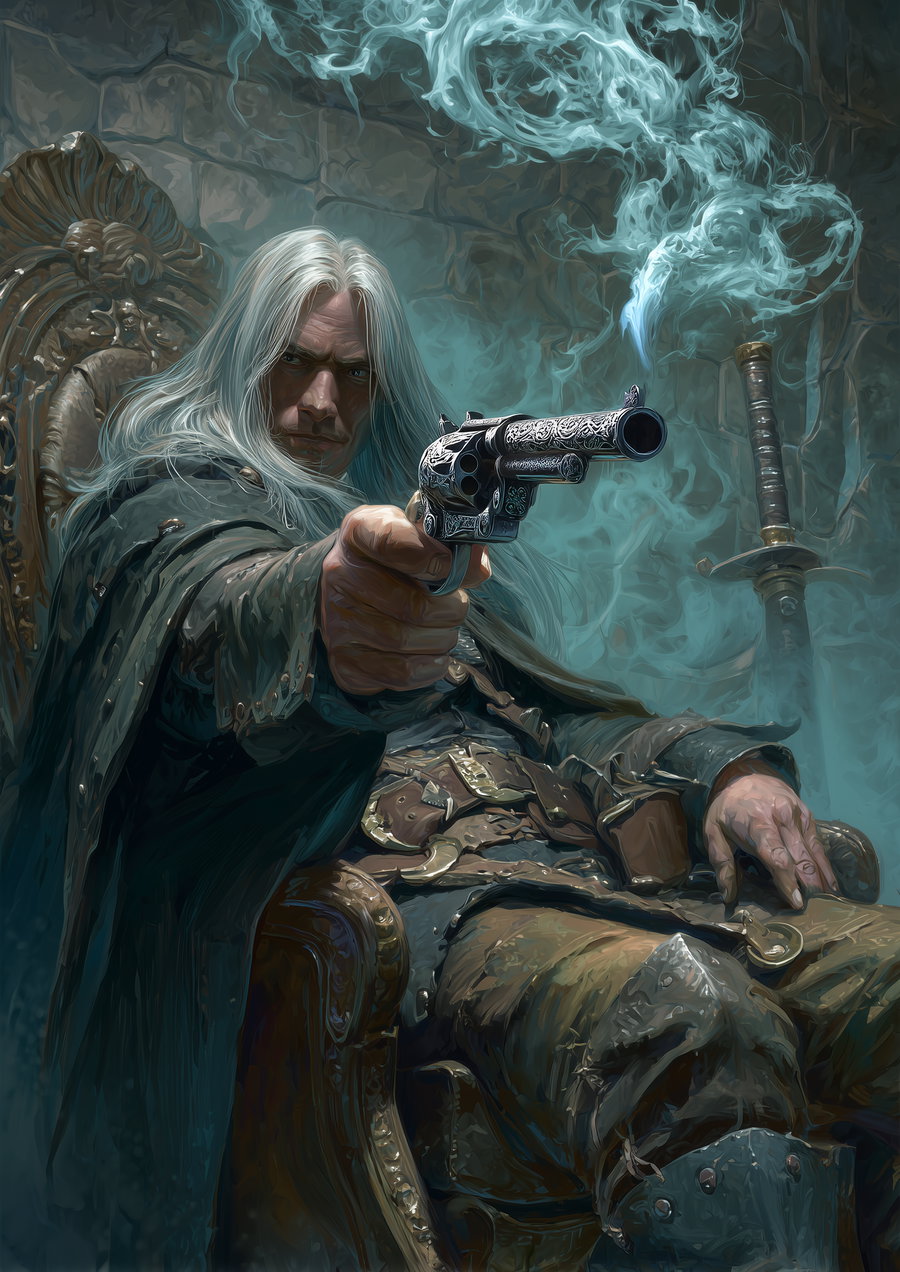 A fantasy male character with long white hair sitting on an ornate throne-like chair, pointing a detailed and engraved pistol forward, surrounded by swirling smoke and a sword visible in the background.