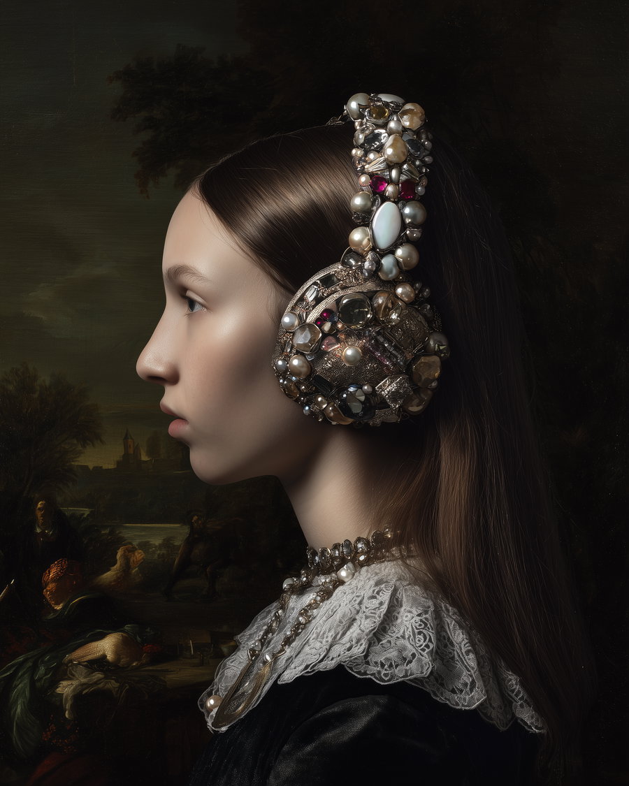 Side profile of a young woman with long straight hair wearing an ornate jeweled headpiece and necklace, dressed in historical clothing with a lace collar, set against a dark classical landscape background