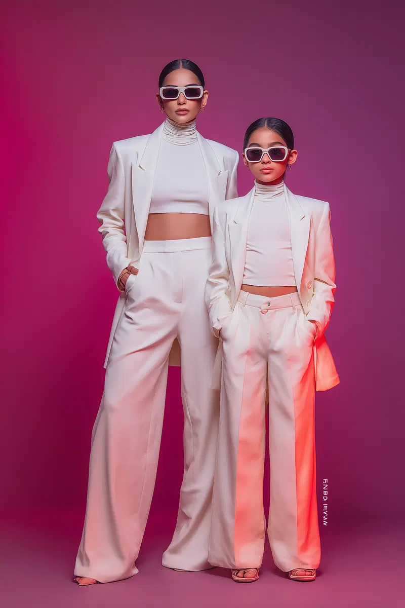 Modern stylish portrait of two women in coordinated white suits and sunglasses