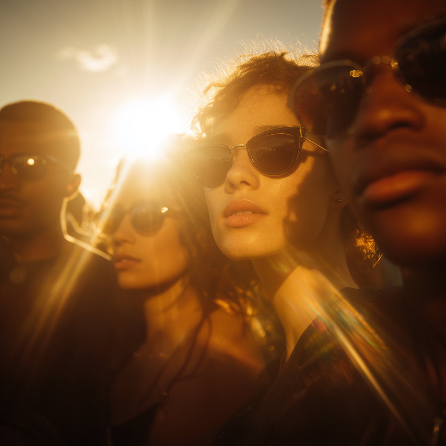 Close-up photo of four young adults wearing sunglasses with sunlight and lens flare in the background, highlighting their faces and expressions.