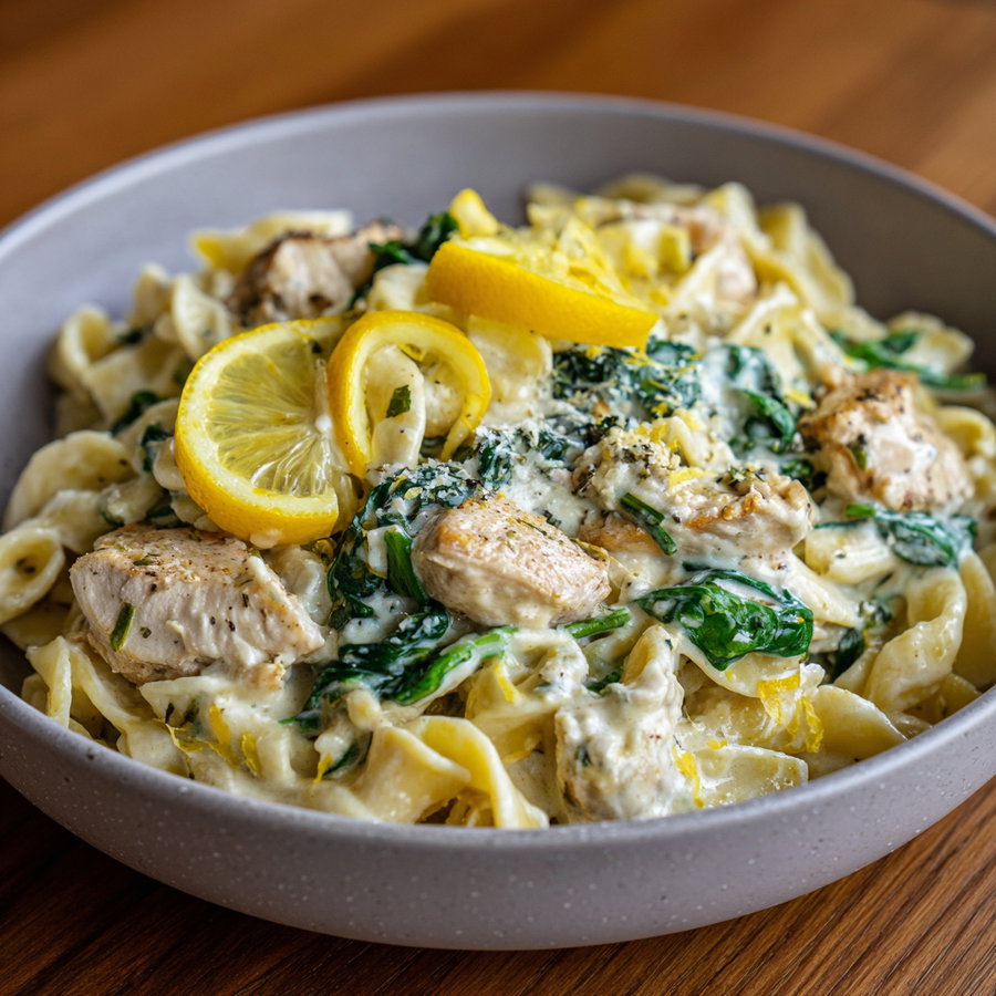 A bowl of creamy pasta with pieces of cooked chicken, spinach leaves, and lemon slices on top, placed on a wooden surface.