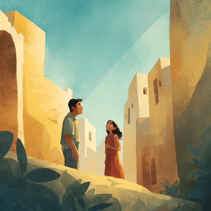 Illustration of two characters standing in a sunlit alley with textured walls