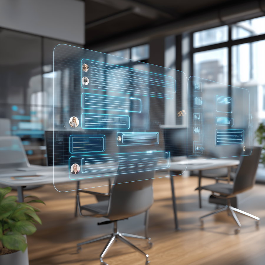 Modern office interior with glass walls, desk chairs, and floating transparent digital chat and data screens
