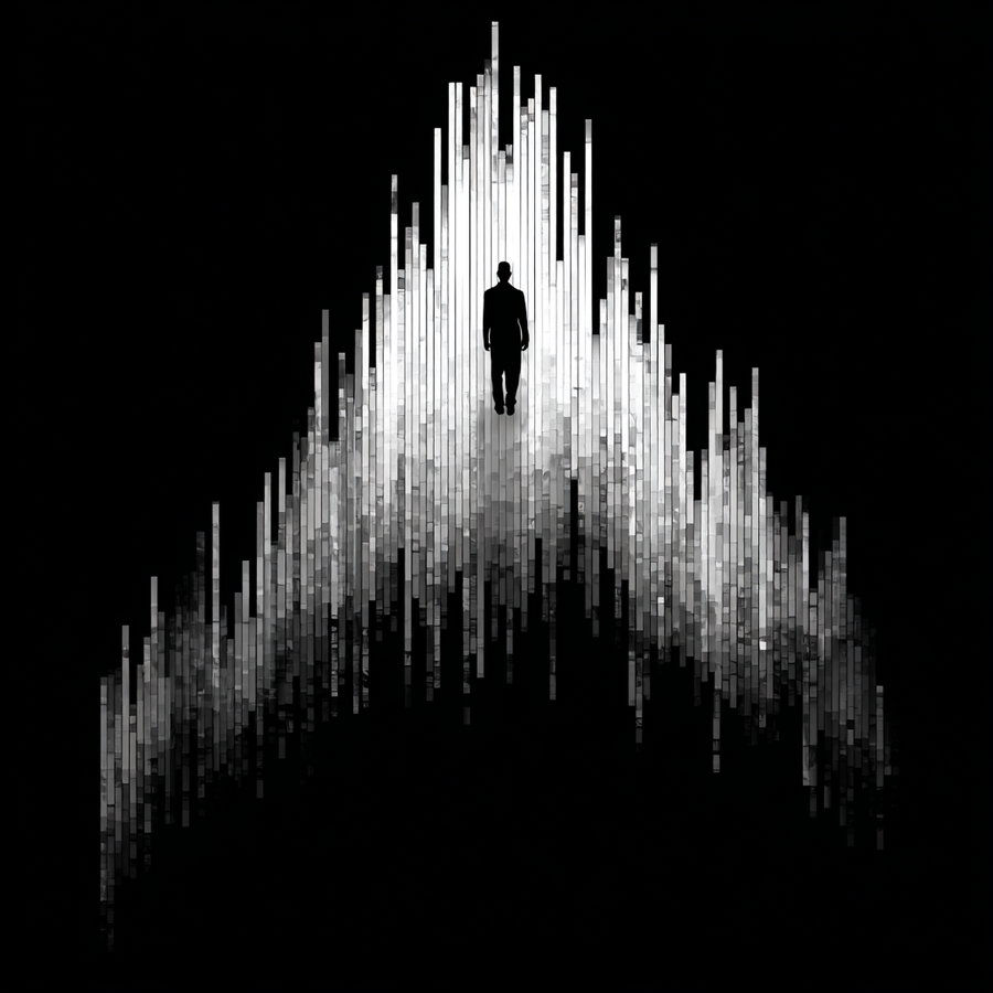 Black and white conceptual artwork featuring a silhouette of a man walking centered on an abstract, upward-pointing formation of vertical light bars against a black background