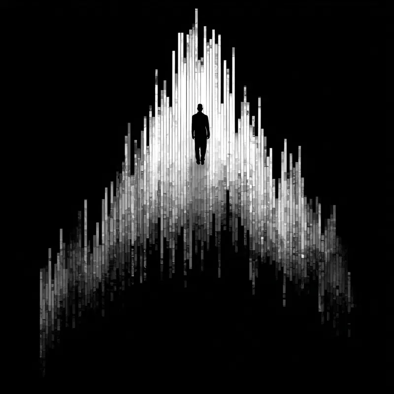 Silhouette of a man walking on abstract vertical light bars in dark space