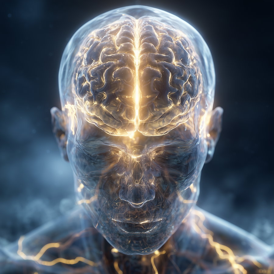 A translucent human head showing internal brain structure glowing with light, with neural network pathways illuminated against a dark background.