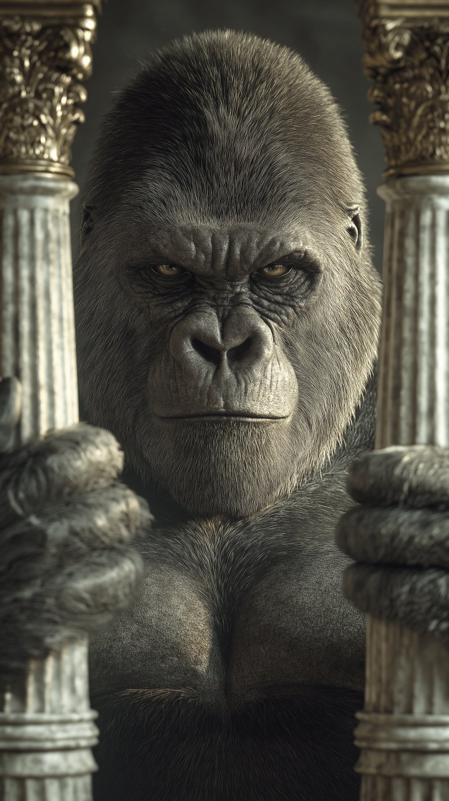 Close-up of a hyperrealistic fantasy gorilla holding two ornate golden and white pillars, showing detailed fur and intense facial expression
