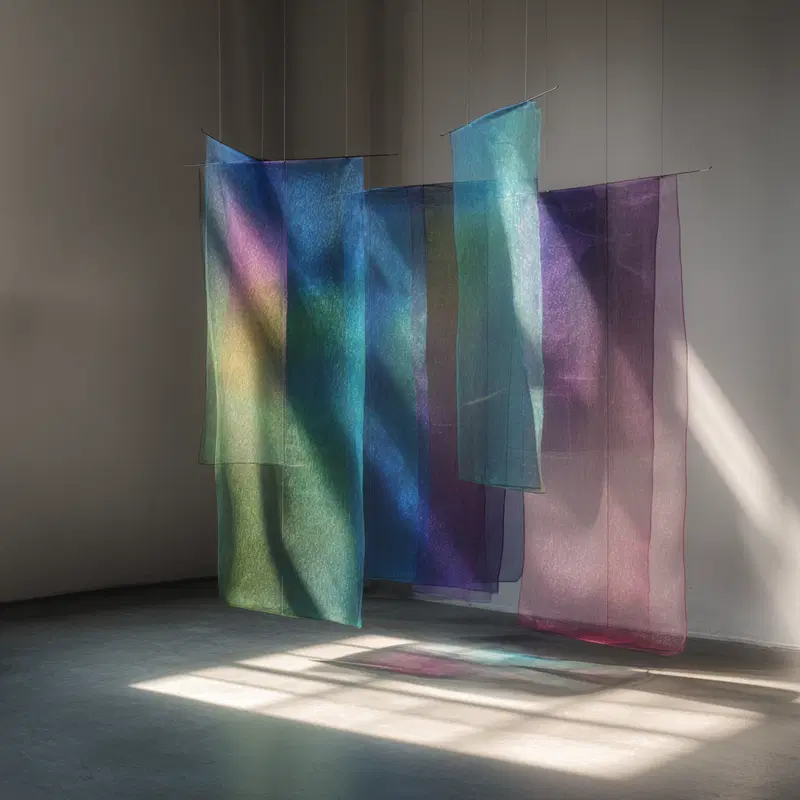 Translucent colorful fabric panels hanging with sunlight casting vibrant shadows
