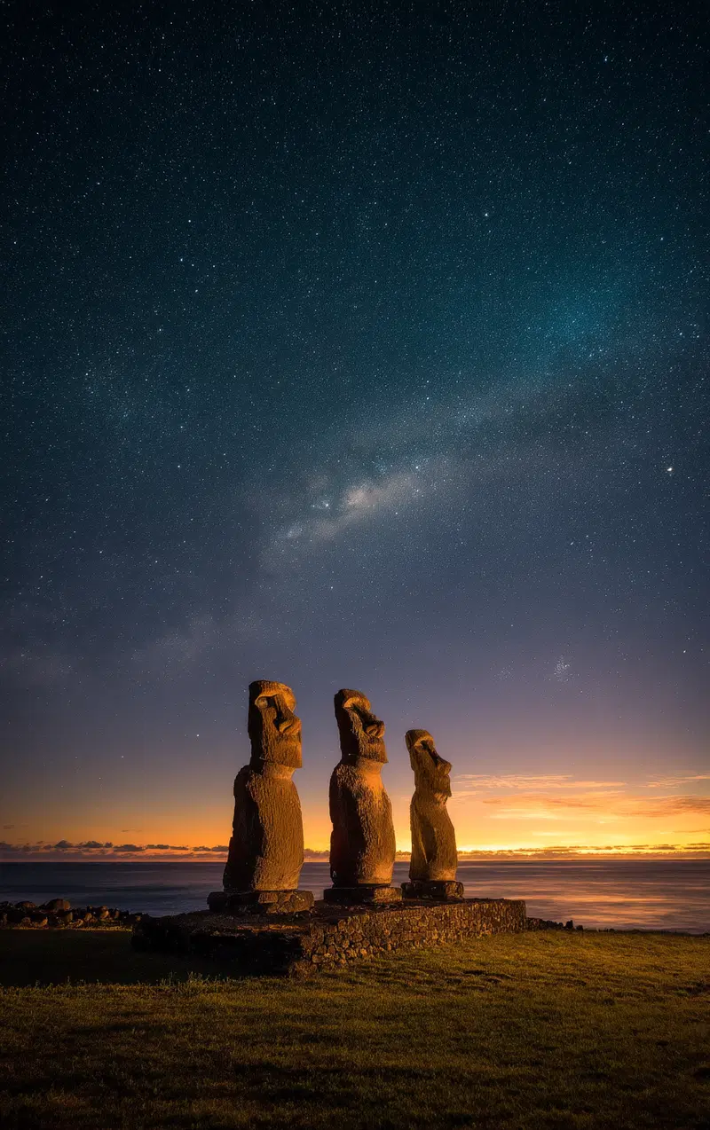 Night Landscape of Three Moai Statues Under Starry Sky at Sunset