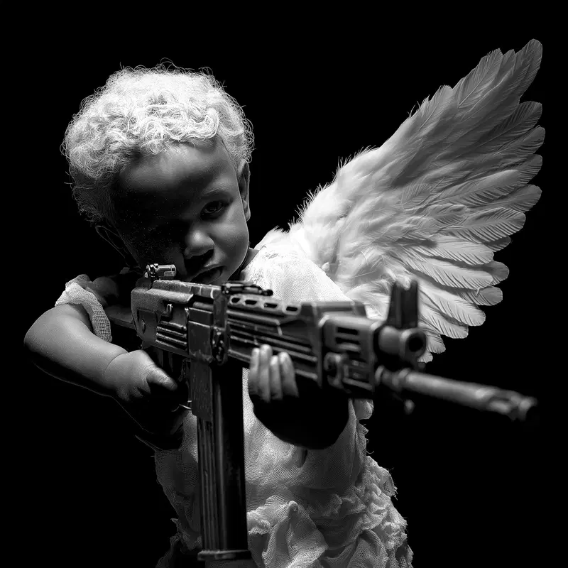Black and white dark fantasy art of an angelic child holding a firearm