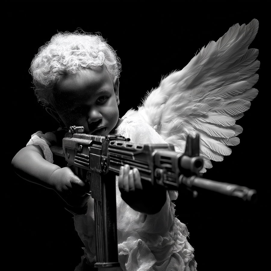 Black and white image of a child with angel wings aiming a rifle against a black background