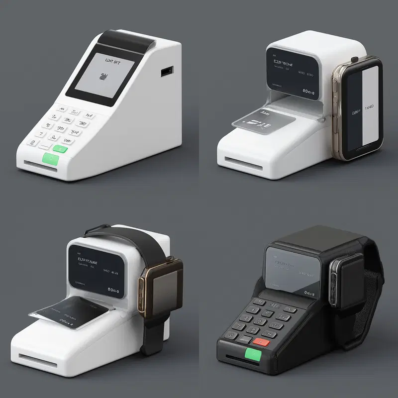 3D render of futuristic wearable card reader devices with modern smartwatch integration