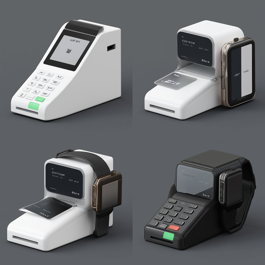 Four different 3D rendered angles of a futuristic wearable card reader device integrated with a modern smartwatch, displayed on a dark gray background.