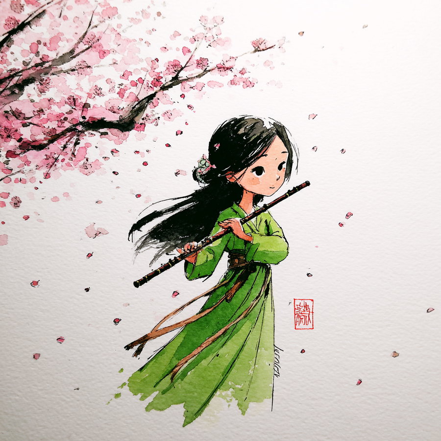 A watercolor drawing of a young girl with long black hair wearing a flowing green dress, holding a flute, with pink cherry blossom branches and falling petals around her.