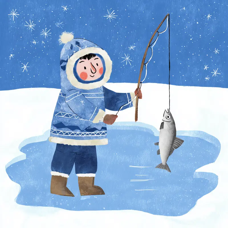 Illustration of a person ice fishing wearing a winter parka and boots