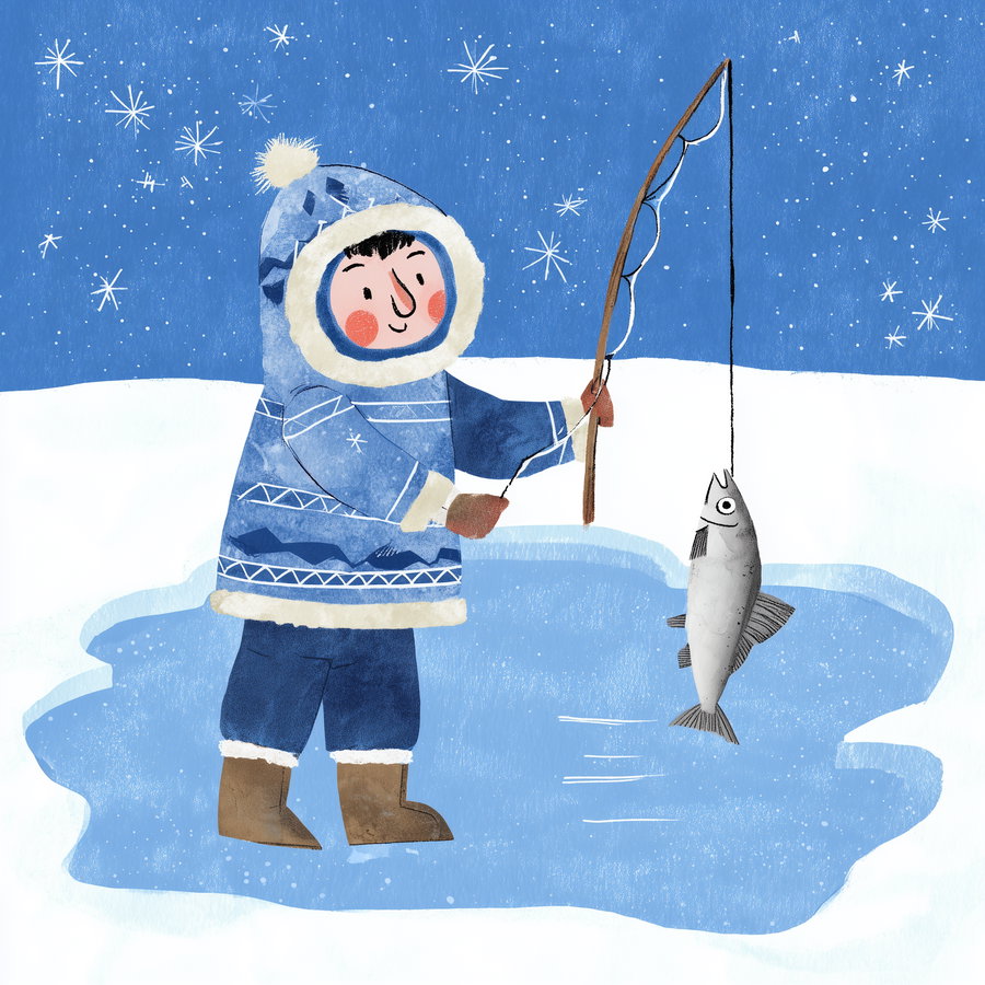 A cartoon-style illustration of a person dressed in a blue winter parka with fur lining and brown boots ice fishing. The person is holding a fishing rod with a fish caught on the line, standing on a patch of ice with snowy background and star-like snowflakes in the sky.