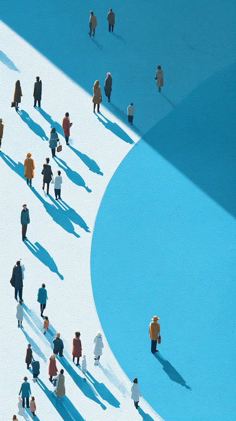 An aerial view of numerous people walking on a surface divided into blue and white geometric shapes, with long shadows cast on the ground.
