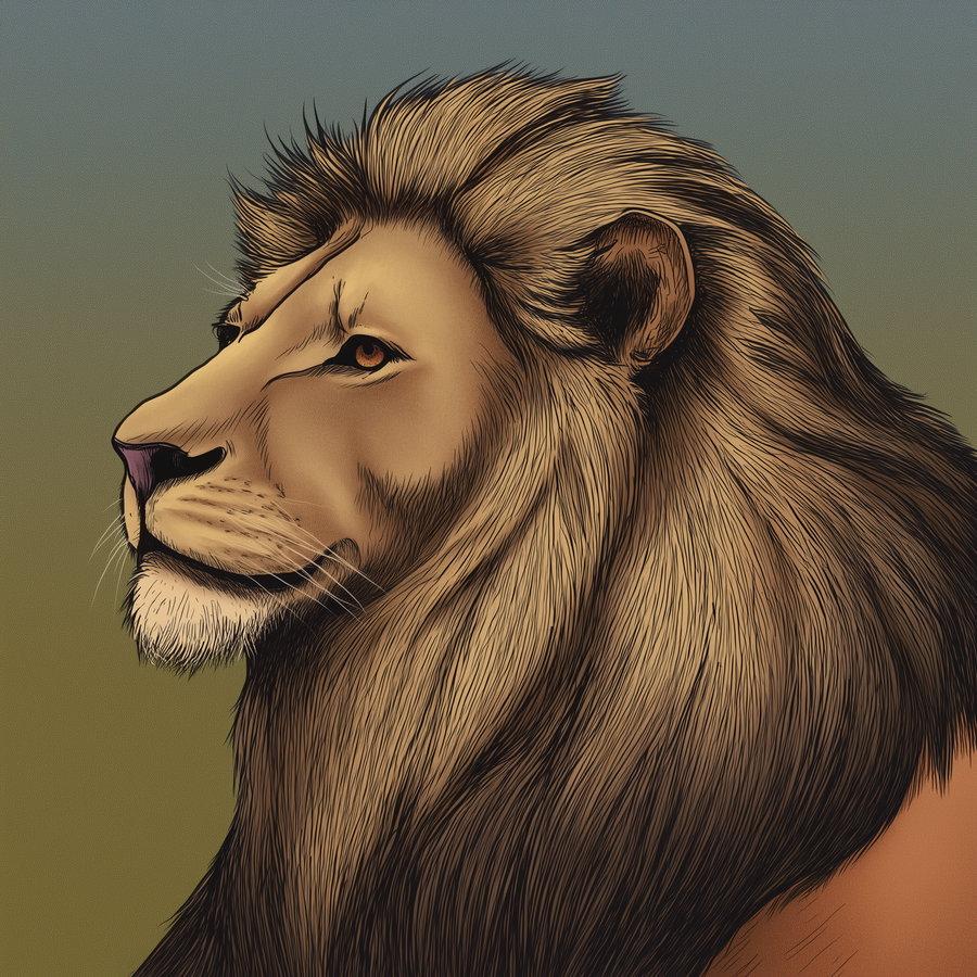 Digital artwork showing a side profile of a lion with detailed fur and mane in warm tones, set against a gradient background from blue to green.
