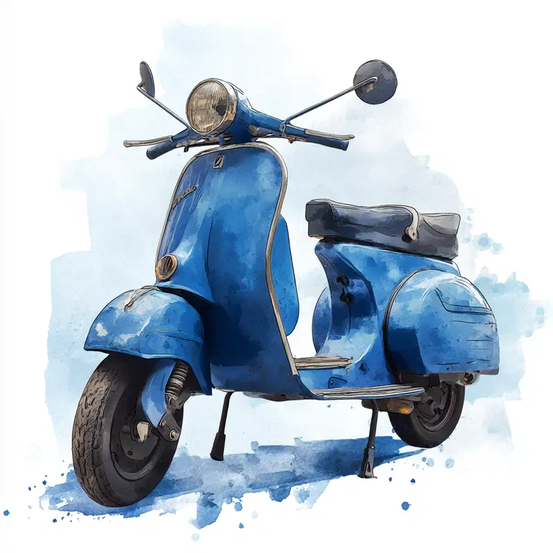 Watercolor style illustration of a classic blue vintage scooter