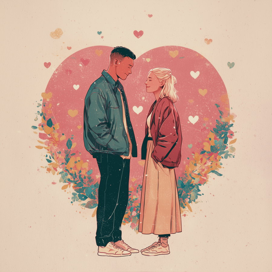 Digital illustration of a young man and woman standing face to face, eyes closed and smiling softly, with a large pink heart and floral designs behind them