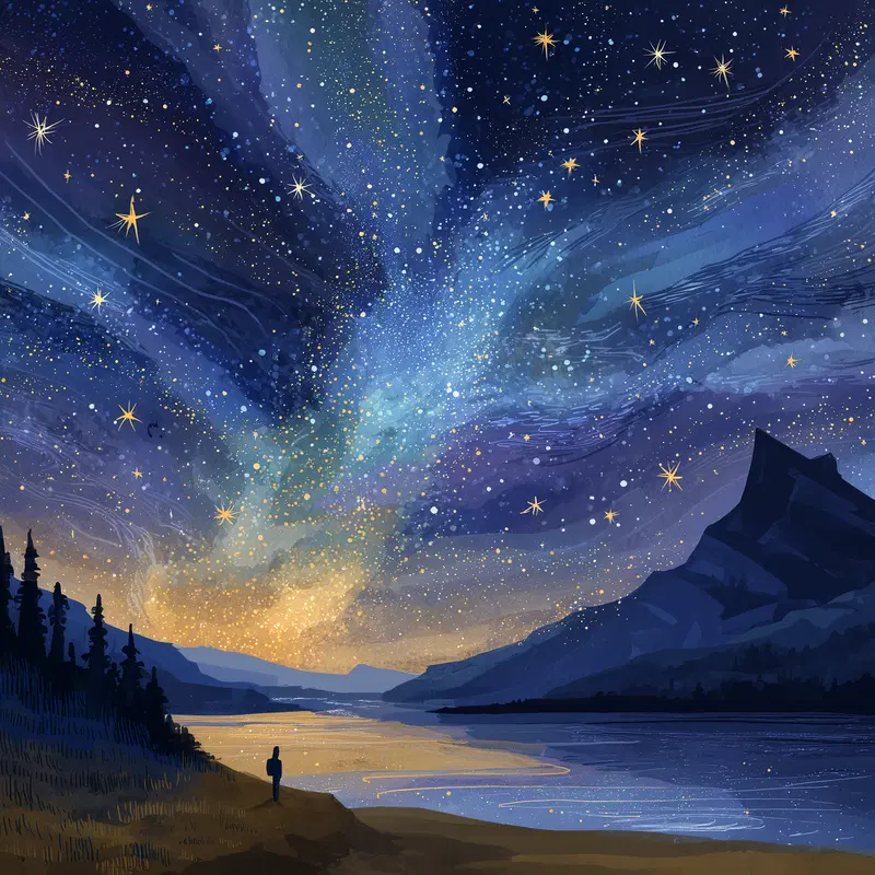 Digital painting of a starry night sky with a glowing horizon over a lake and mountains