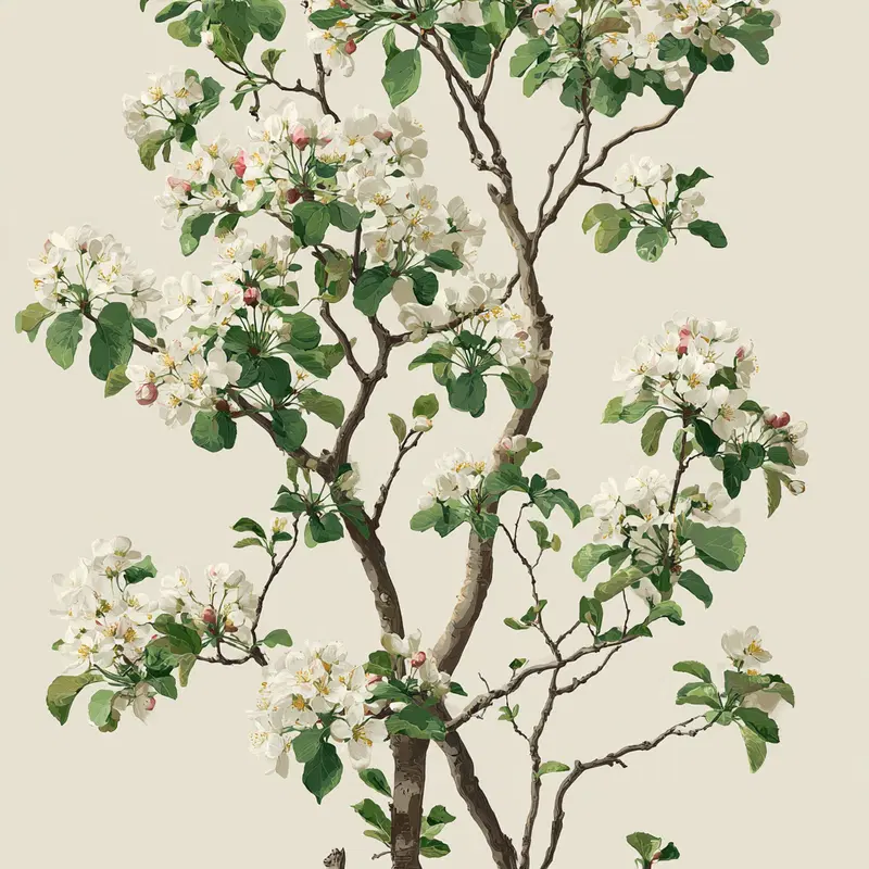 Detailed botanical illustration of a blossoming branch with white flowers and green leaves on beige background