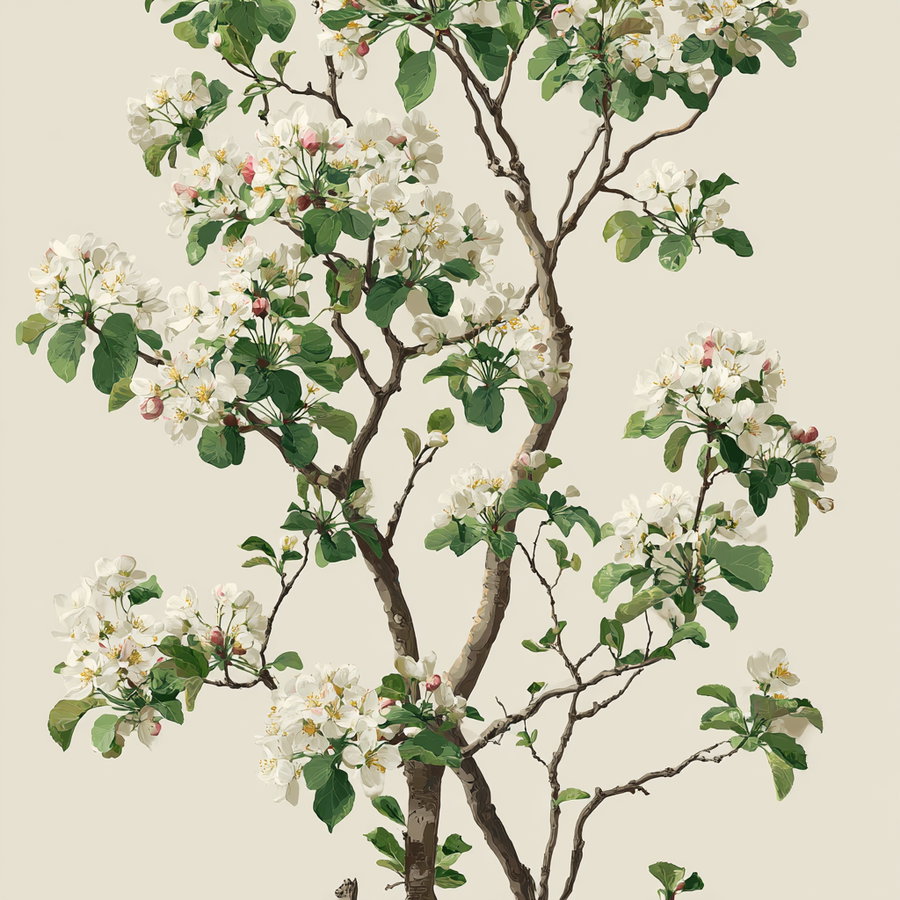 A digital illustration of a tree branch with clusters of white flowers and green leaves on a plain beige background