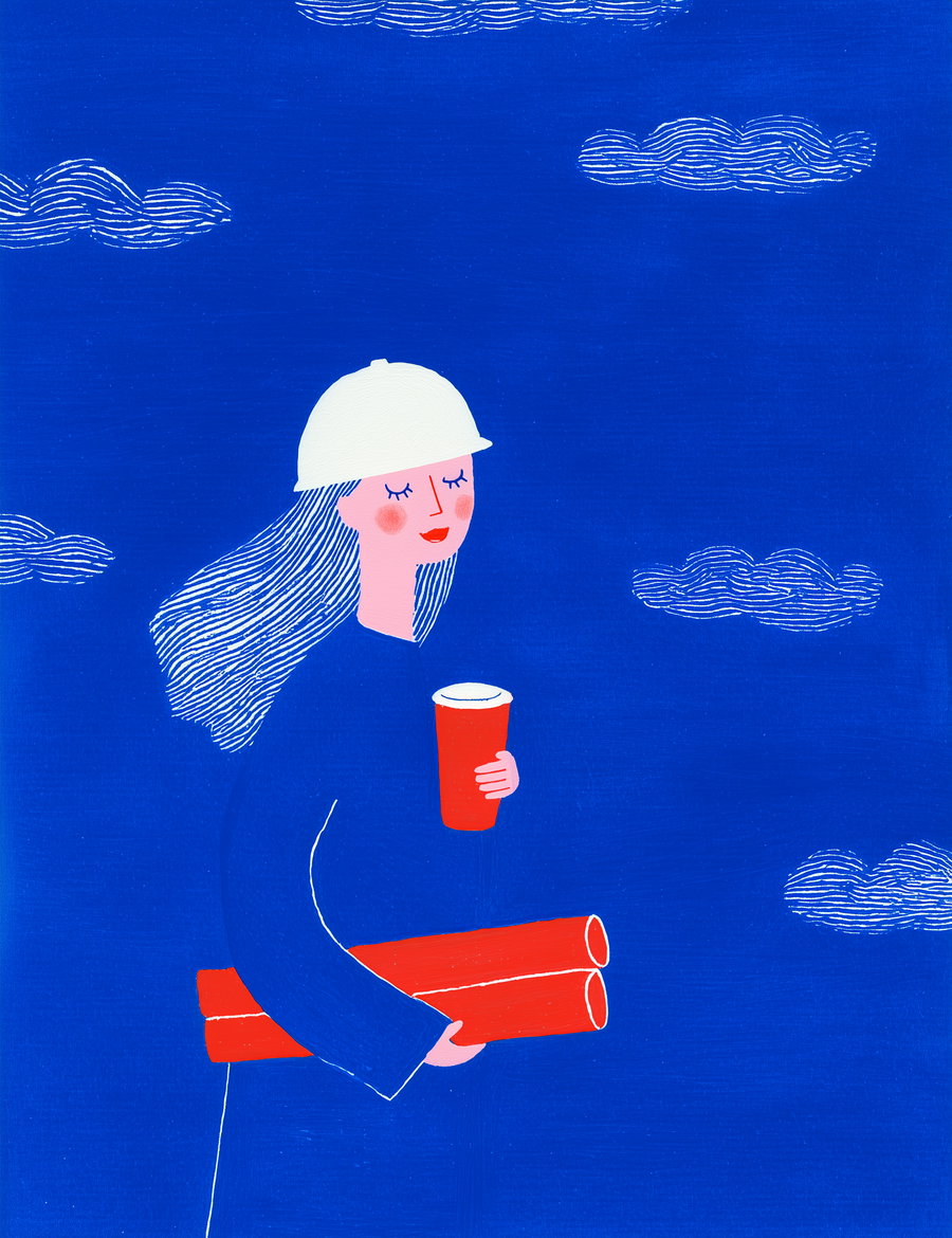 A stylized illustration showing a woman with closed eyes, wearing a white hardhat, holding red rolled-up blueprints and a red cup, with a blue background featuring white lined clouds.