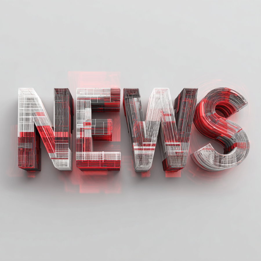 The word NEWS rendered in 3D with layered red and white glitch-style lines on a light grey background