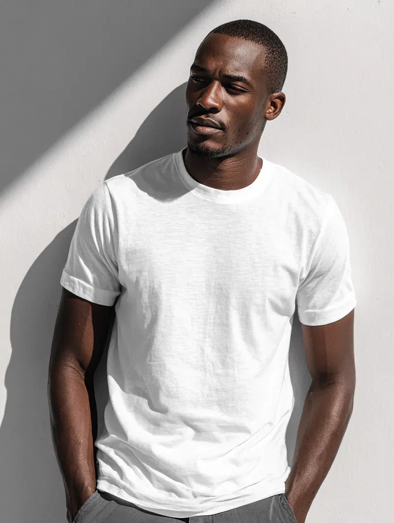 Portrait of a man wearing a white t-shirt standing against a white wall with shadows