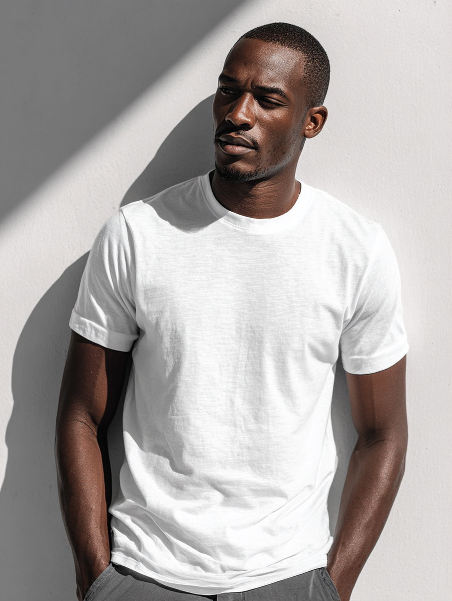A man with short hair and a trimmed beard wearing a white t-shirt and gray pants, standing against a white wall with shadows visible behind him.