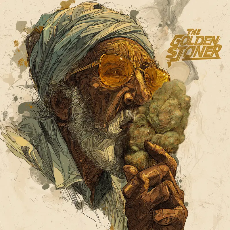 Detailed illustrated portrait of an elderly man with a turban and sunglasses