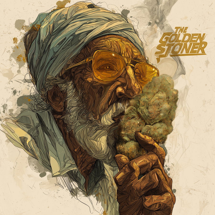 Illustration of an elderly man wearing a turban and large tinted sunglasses, holding a large green flower close to his face with visible smoke and artistic splashes in the background