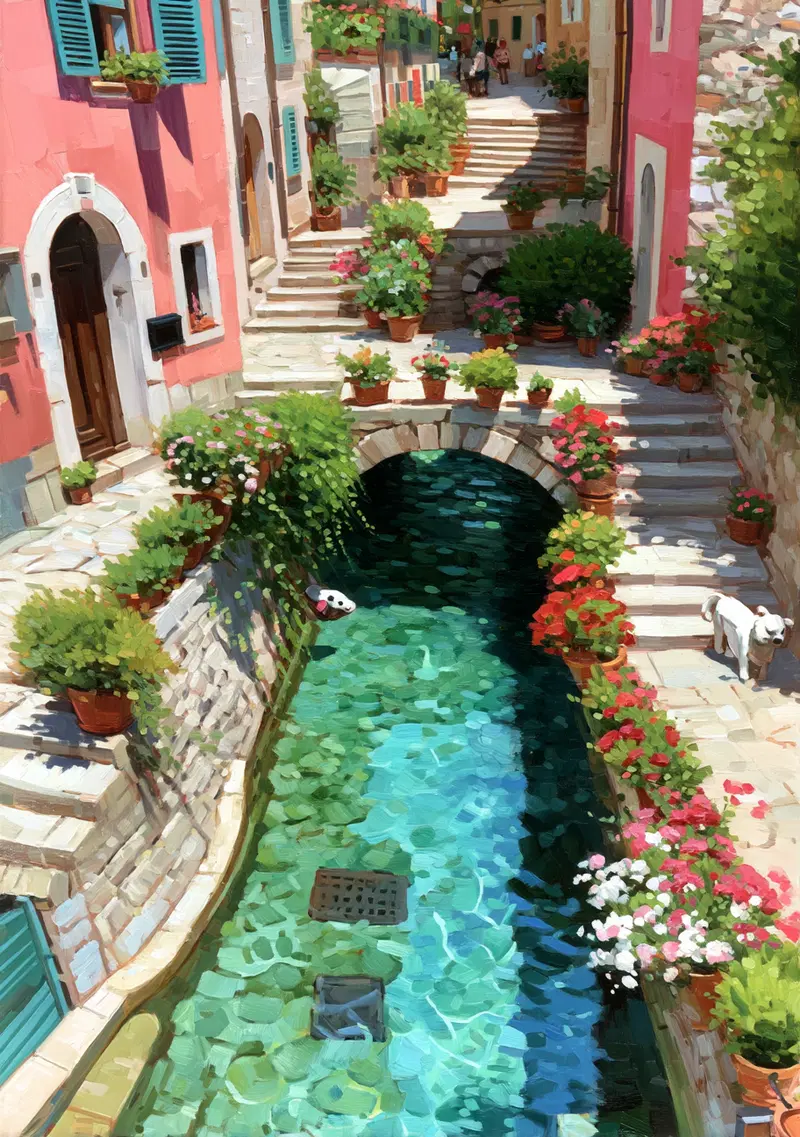 Charming narrow street with steps and vibrant potted flowers along a clear water canal