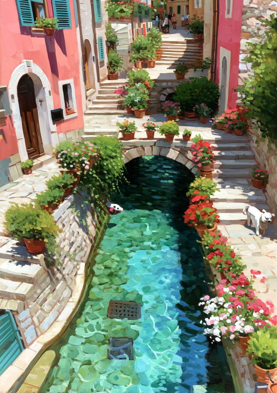 Painting of a narrow street lined with stone steps and colorful potted plants, featuring clear turquoise water in a canal running through the center with a small arched stone bridge and two small white dogs on the walkway
