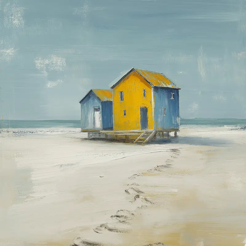 Oil painting of colorful beach houses on a sandy shore with ocean in the background
