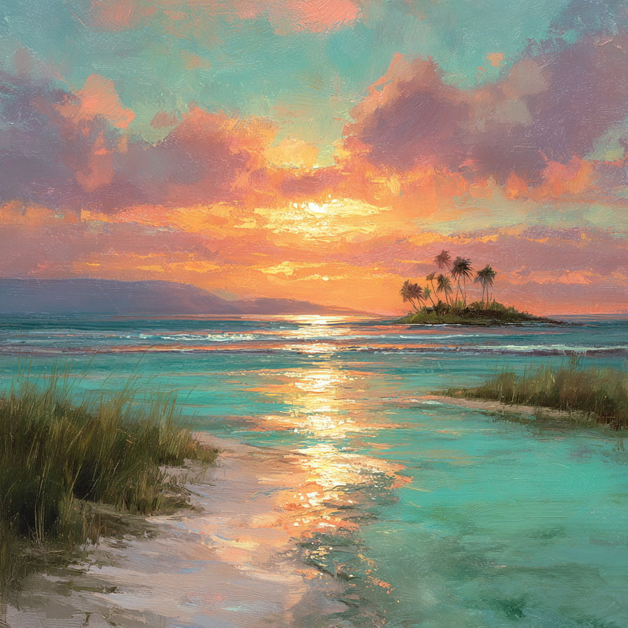 Painting of a sunset with orange, pink and blue skies over a small tropical island with palm trees and calm ocean waters with reflections and grassy shoreline