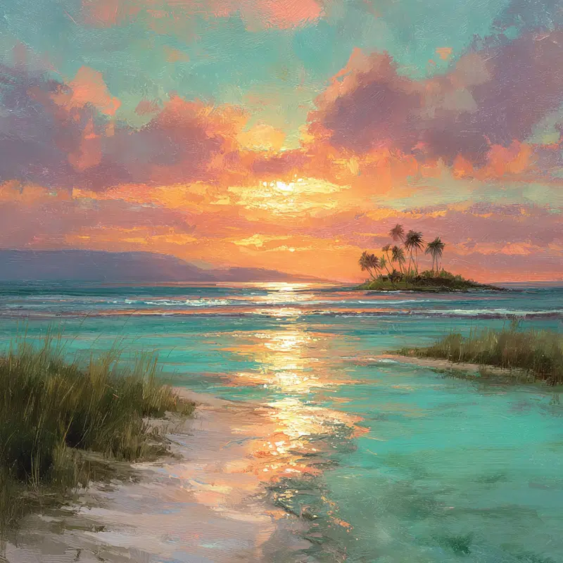 Sunset over a tropical island with palm trees and calm ocean waters
