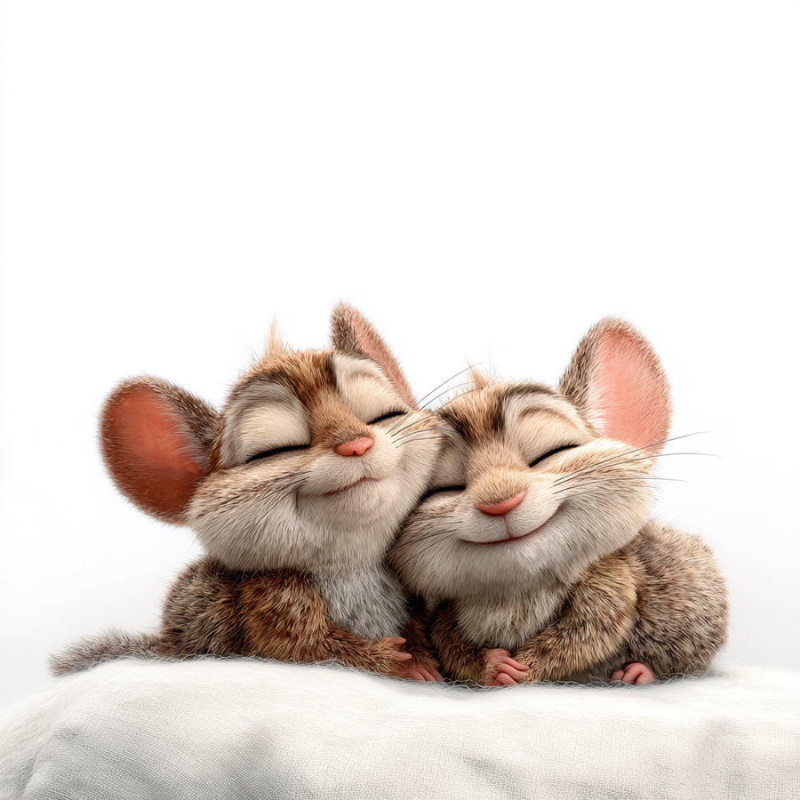 Two cute cartoon mice with closed eyes and big smiles cuddling on a white surface