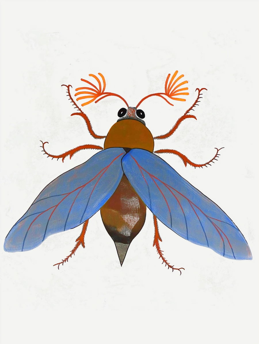 Illustration of an insect with a brown body, blue wings with red veins, black eyes, and distinctive orange antennae on a white background